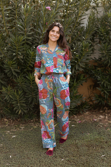 PIJAMA LARGO GRIS Y BUGANVILLA