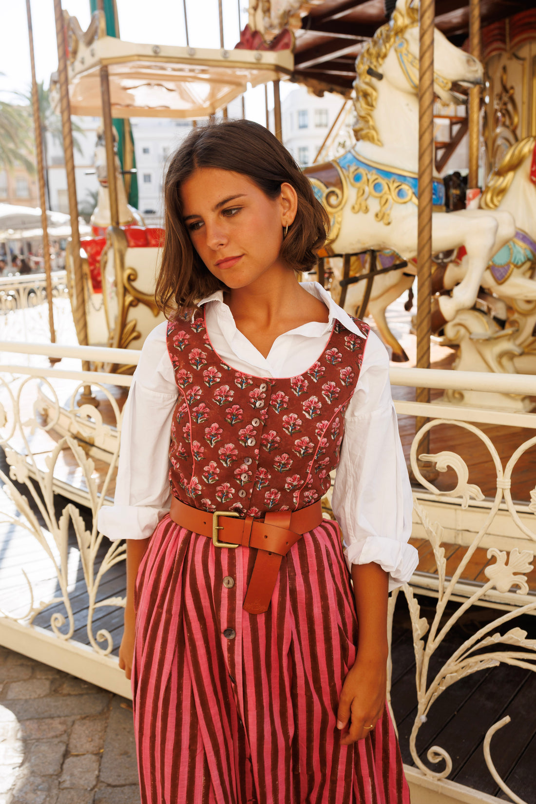 VESTIDO VINTAGE ROSA Y MARRÓN