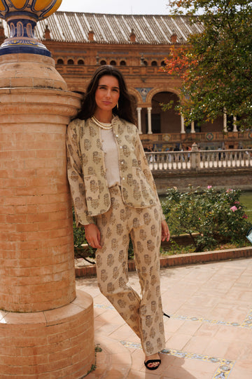 PANTALÓN ESTAMPADO BERENJENA Y OCRE