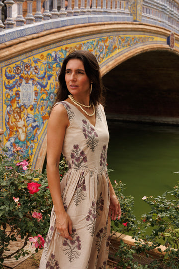 VESTIDO ESTAMPADO MORADO Y GRIS