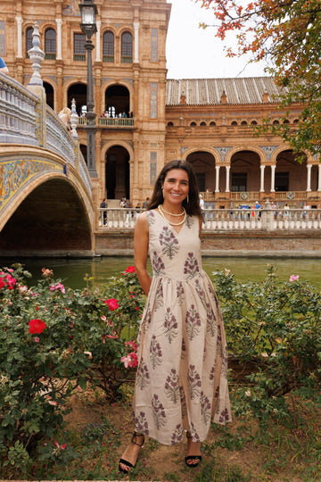 VESTIDO ESTAMPADO MORADO Y GRIS