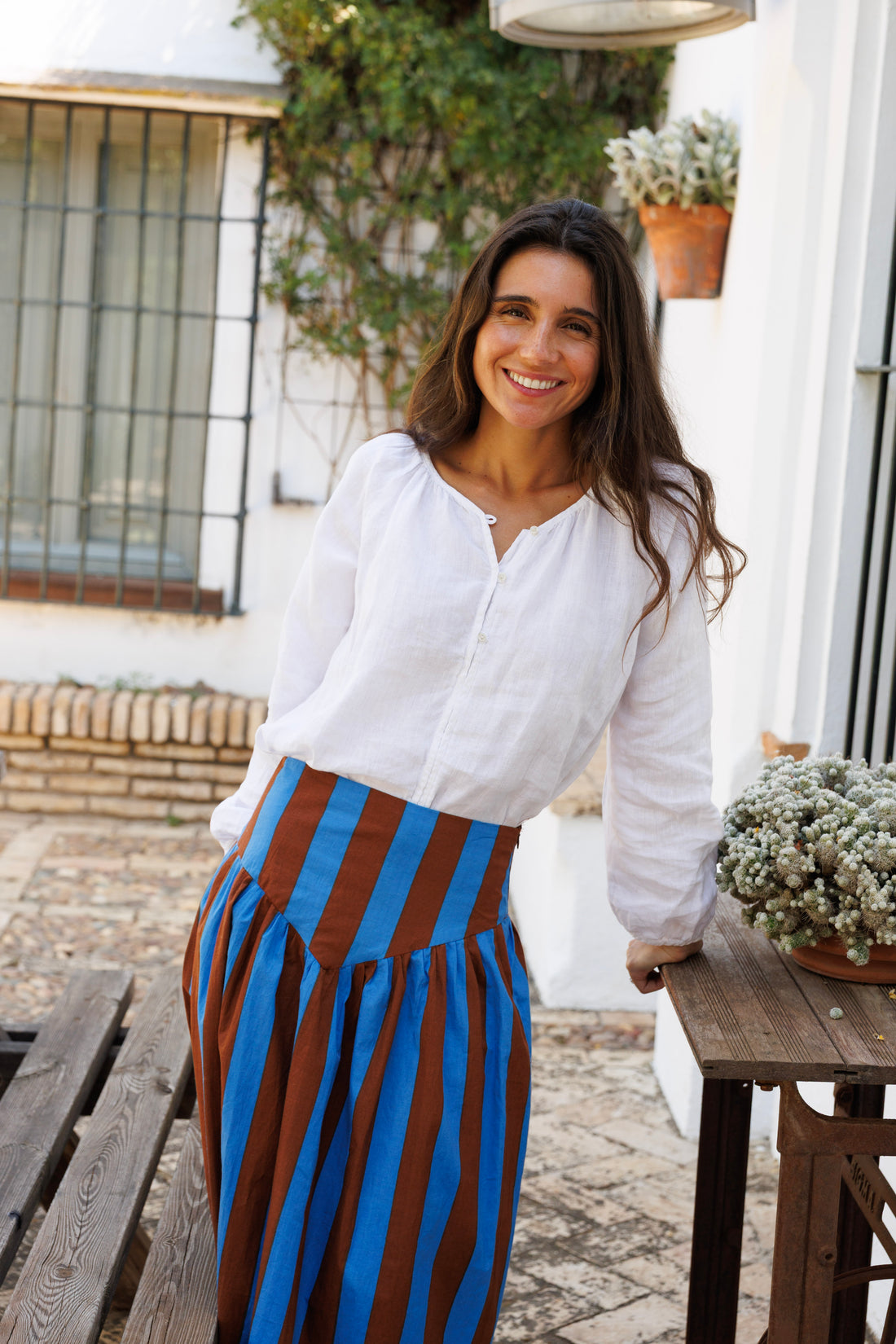 BROWN AND BLUE STRIPED SKIRT