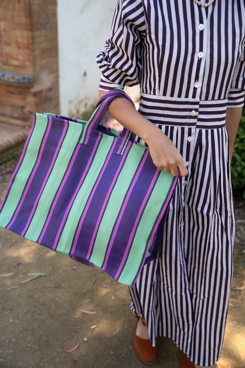 BOLSA NYLON RAYAS MORADA Y VERDE