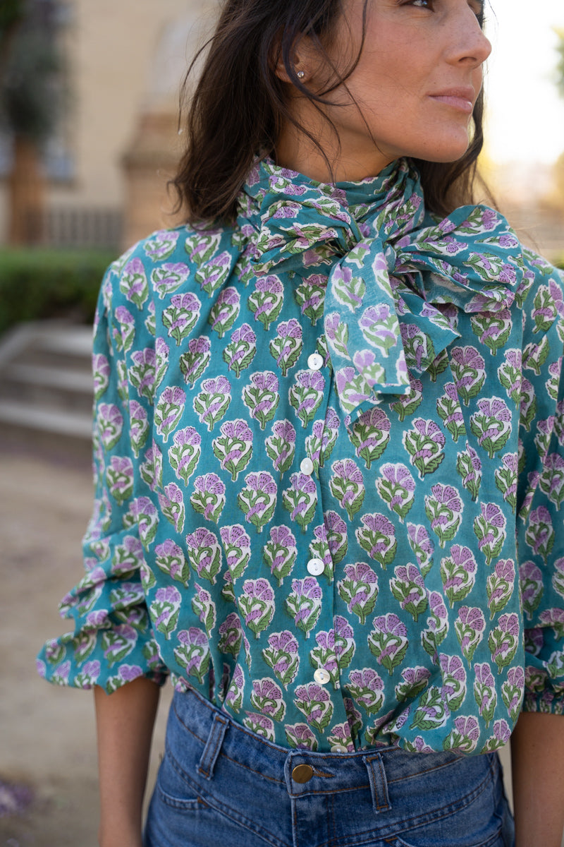 CAMISA LAZO PETRÓLEO Y MALVA