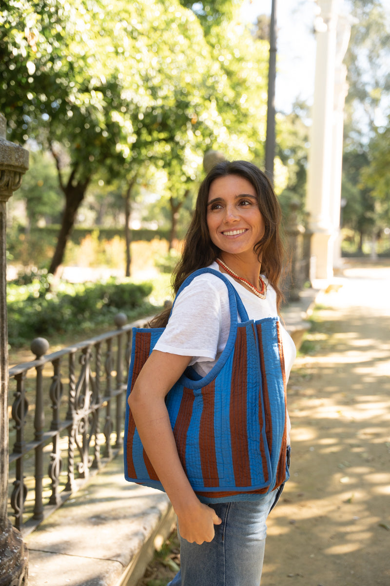 BOLSO RAYAS AZUL Y MARRÓN