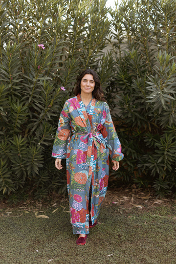 KIMONO ALGODÓN GRIS Y BUGANVILLA