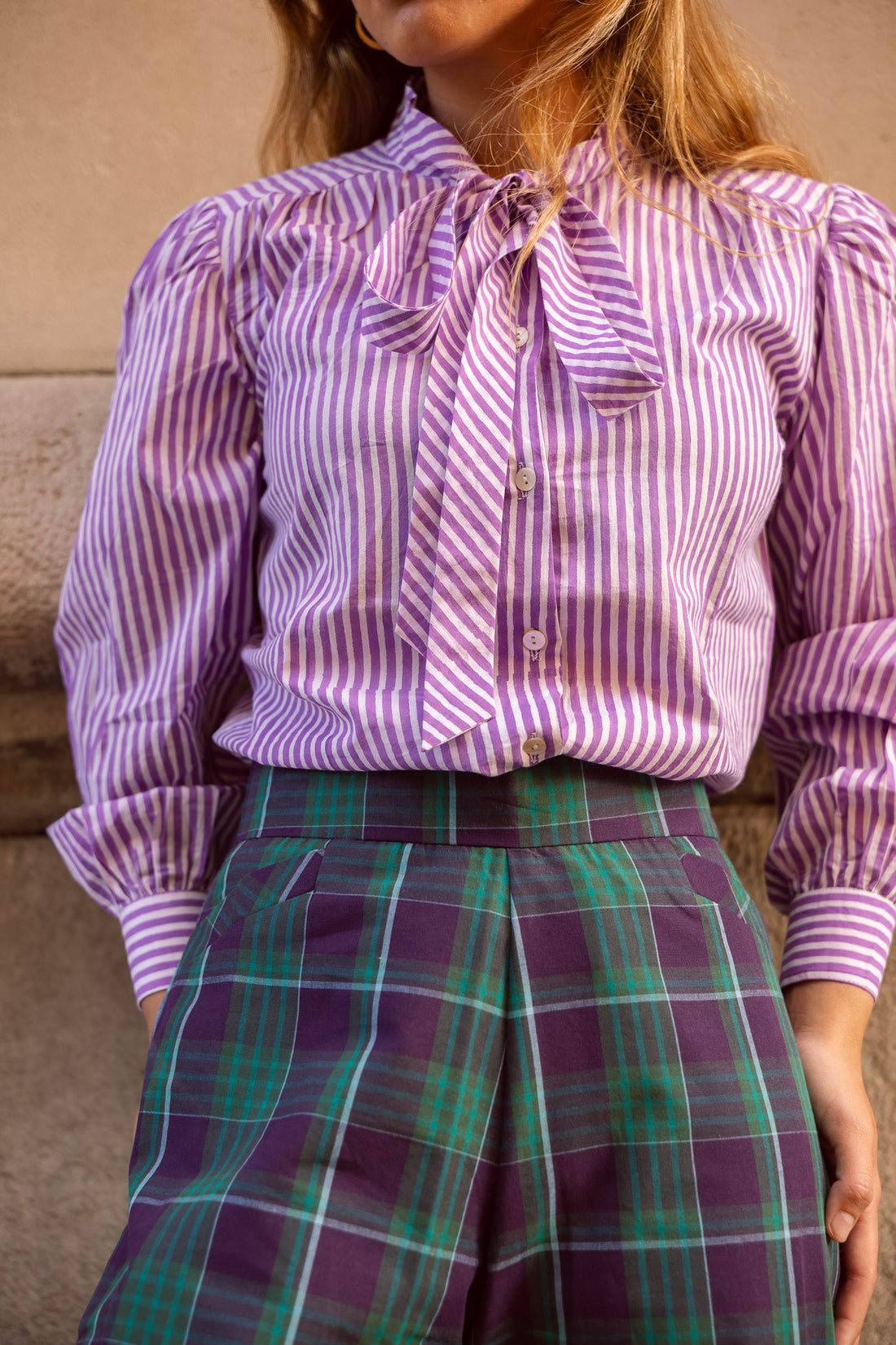 PANTALÓN CUADROS VERDE Y MORADO