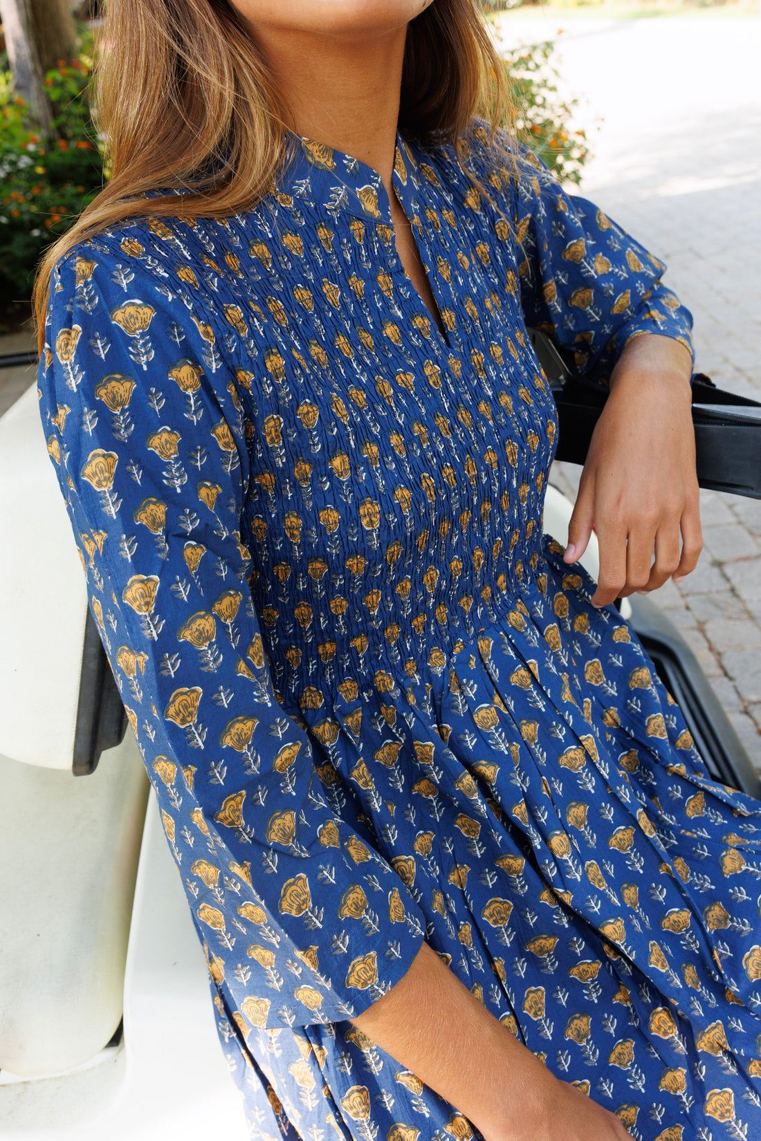 VESTIDO FRUNCE AZUL Y AMARILLO