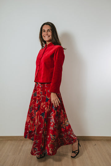 FALDA TERCIOPELO ROJA LOROS