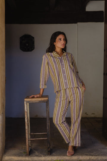 PIJAMA LARGO RAYAS  MALVA VERDE