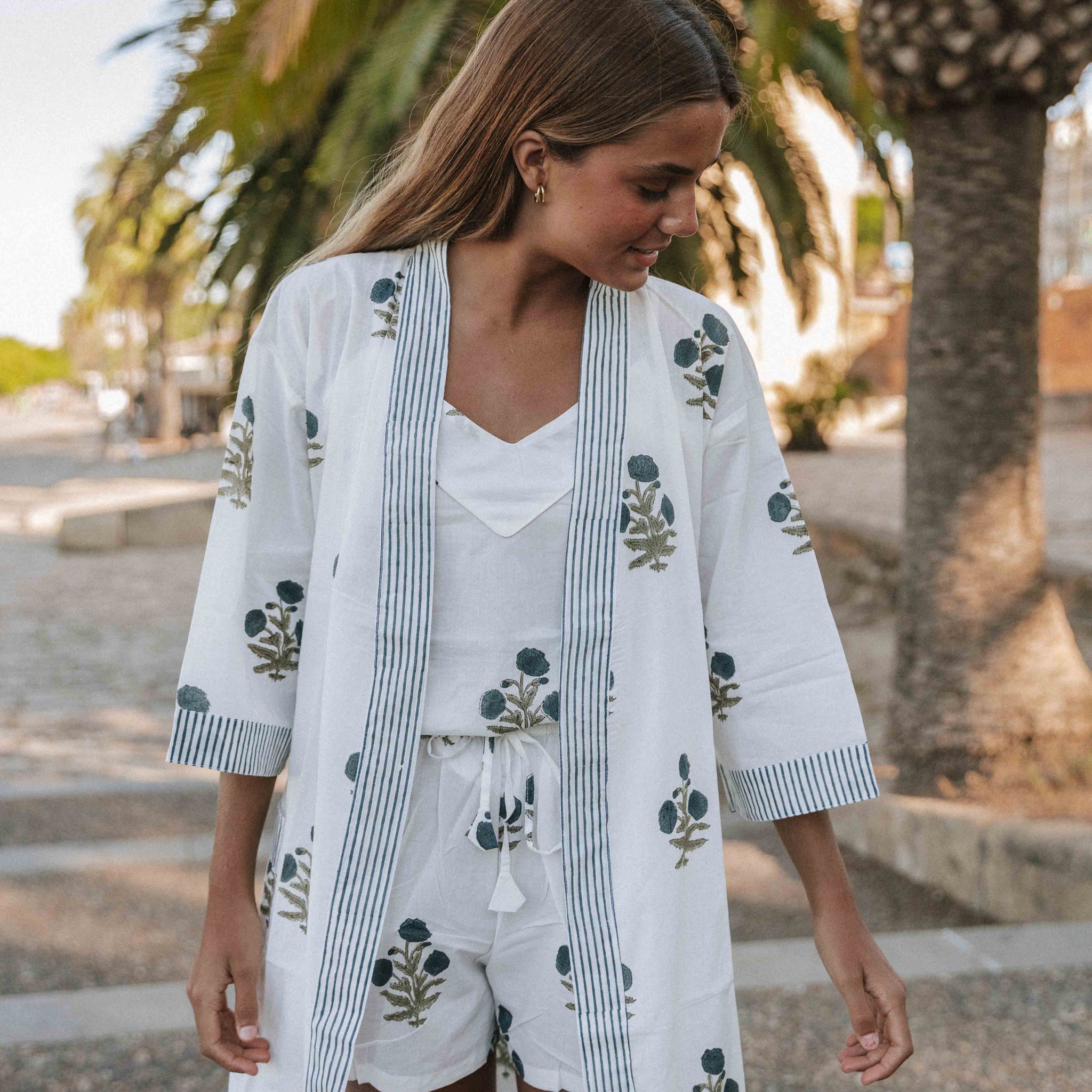 KIMONO ALGODÓN FLORES AZUL PETRÓLEO