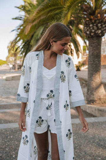 KIMONO ALGODÓN FLORES AZUL PETRÓLEO