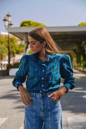 CAMISA IKAT PETRÓLEO Y BUGANVILLA