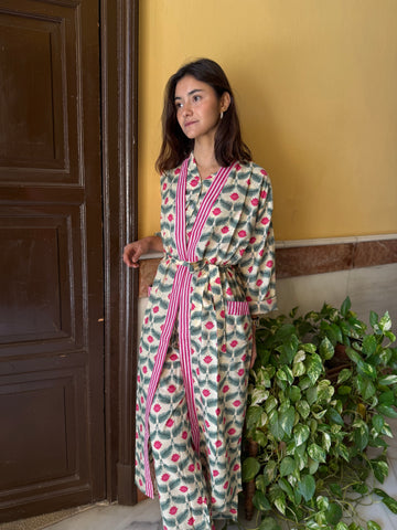 KIMONO ALGODÓN VERDE Y ROSA