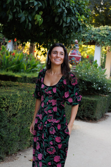 VESTIDO TERCIOPELO NEGRO FLORES ROSA